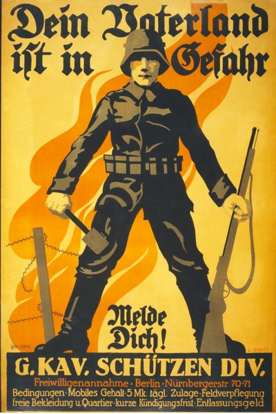 Německý náborový plakát "Dein Vaterland ist in Gefahr, melde dich!" pub. Berlín cca 1914-16 od Lucian Zabel
